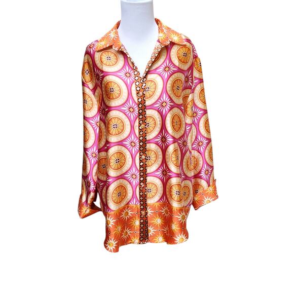 House of Harlow 1960 Button Down Tunic Top Shiny Retro Pink Orange Bold Sz M - Picture 1 of 14